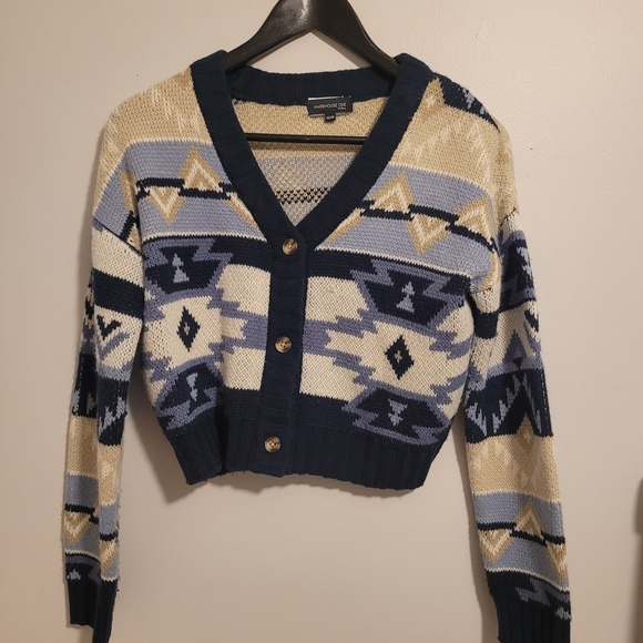 Warehouse One Sweaters - Navy and Cream Geometric Pattern Cardigan